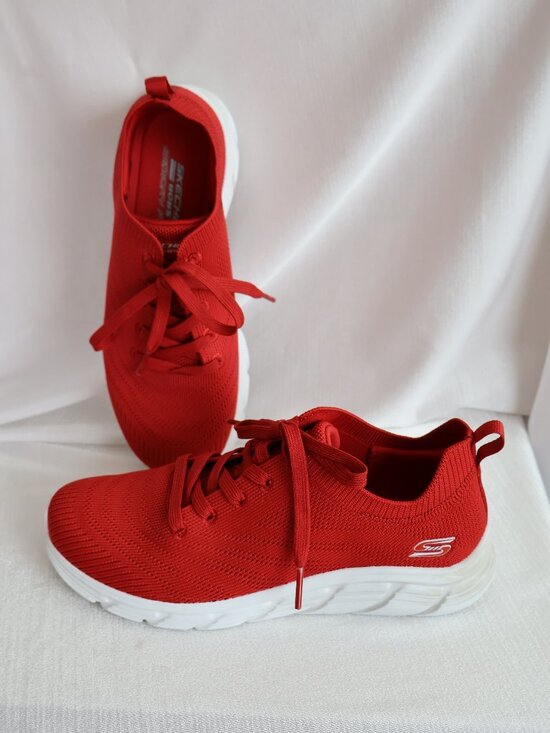BOBS from Skechers Shoes - Size 6.5 - Skechers Bobs Lace up Runners - Red and White Sneakers